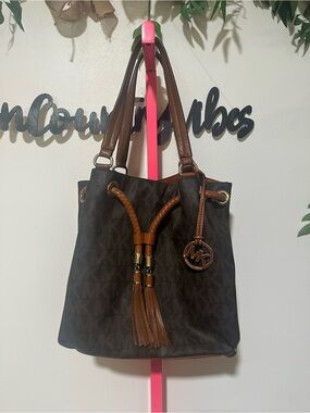 Michael Kors Brown Logo Drawstring Bucket Bag with Tassel